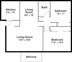 2 Bed / 1 Bath / 950 ft² / Rent: $1,300